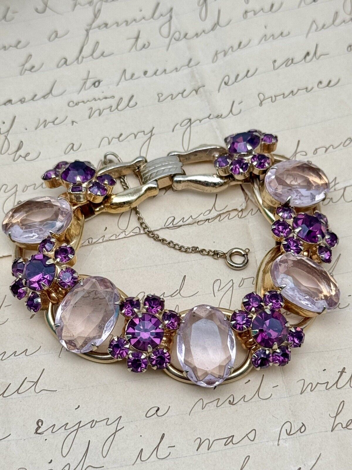 VTG Juliana Bracelet 5 Link Purple Pink Rhinestone Flower Verified #1310