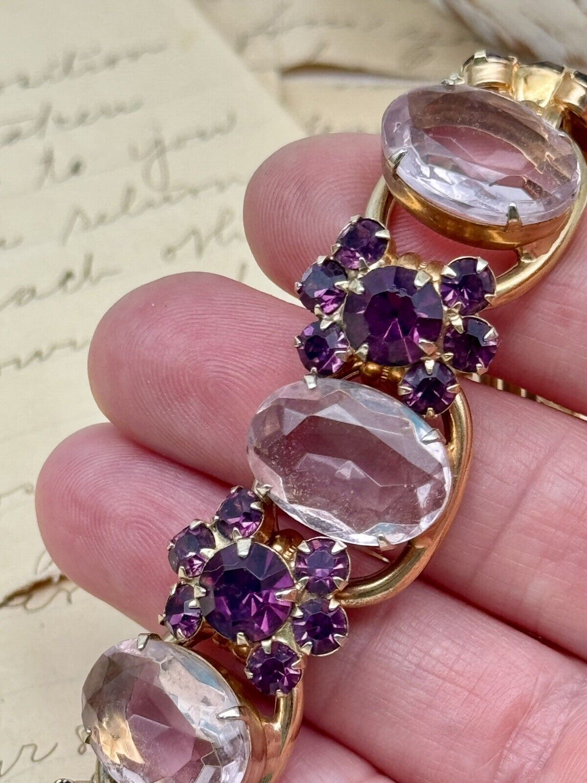 VTG Juliana Bracelet 5 Link Purple Pink Rhinestone Flower Verified #1310
