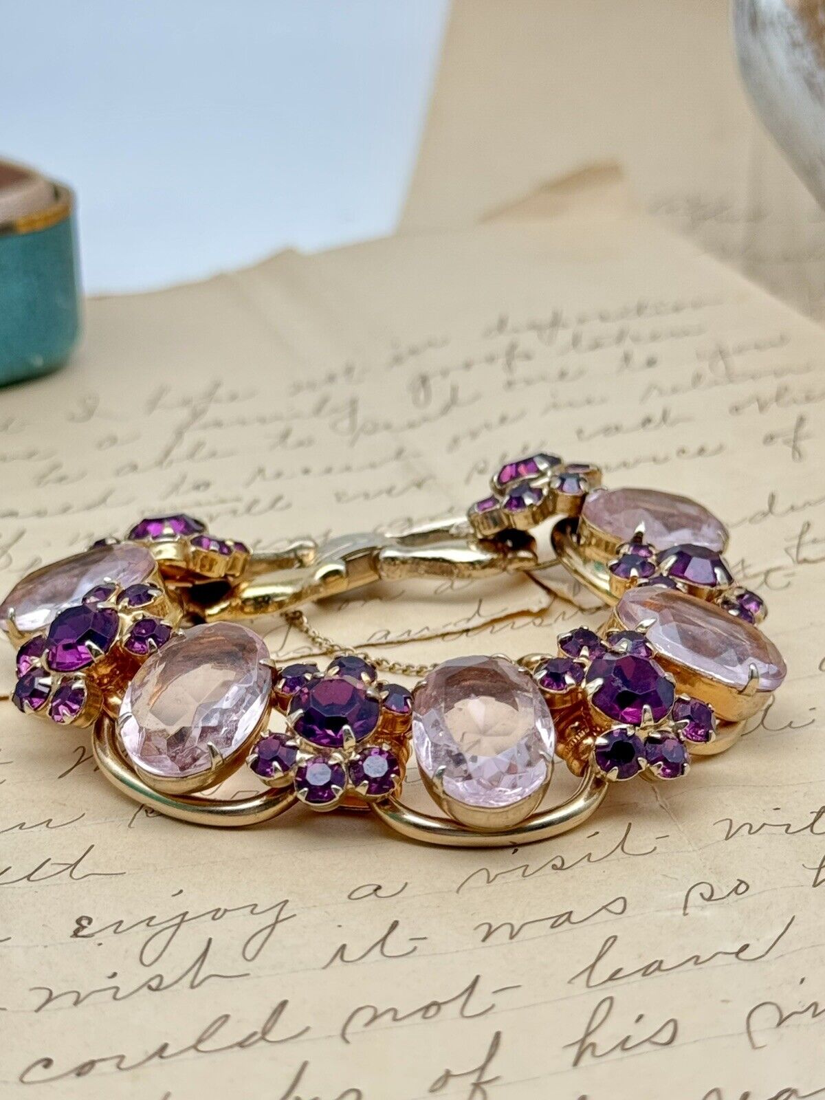 VTG Juliana Bracelet 5 Link Purple Pink Rhinestone Flower Verified #1310