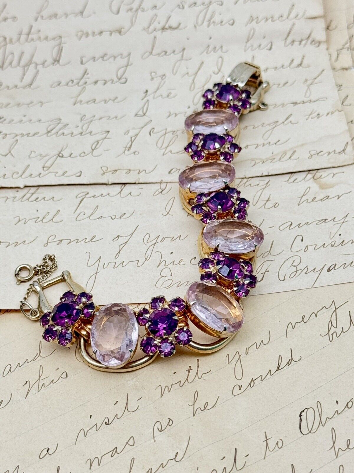 VTG Juliana Bracelet 5 Link Purple Pink Rhinestone Flower Verified #1310