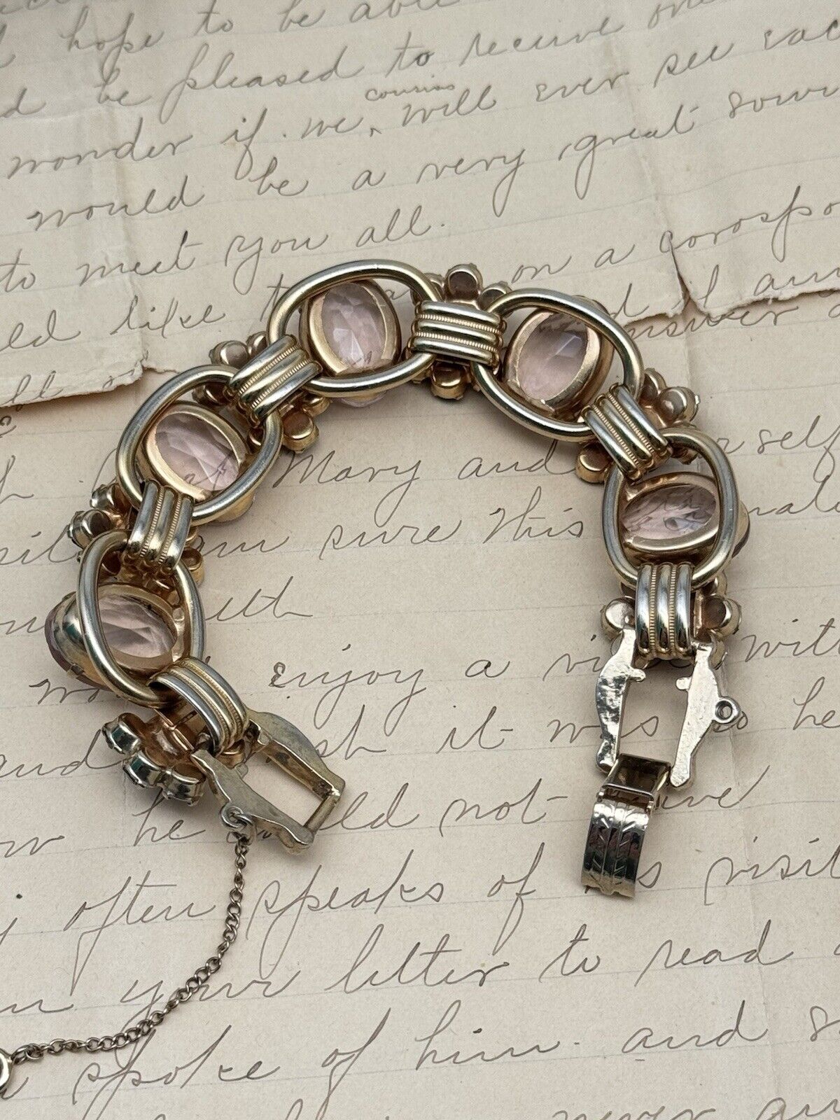 VTG Juliana Bracelet 5 Link Purple Pink Rhinestone Flower Verified #1310