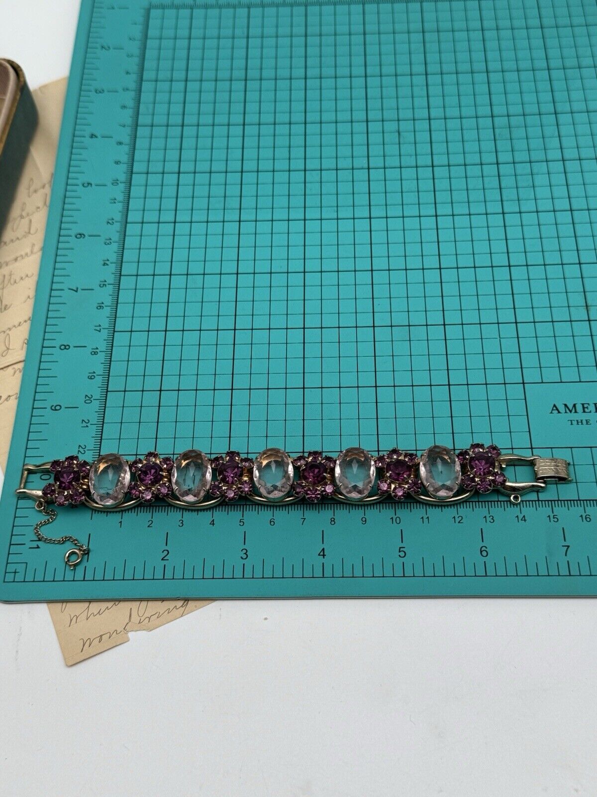 VTG Juliana Bracelet 5 Link Purple Pink Rhinestone Flower Verified #1310
