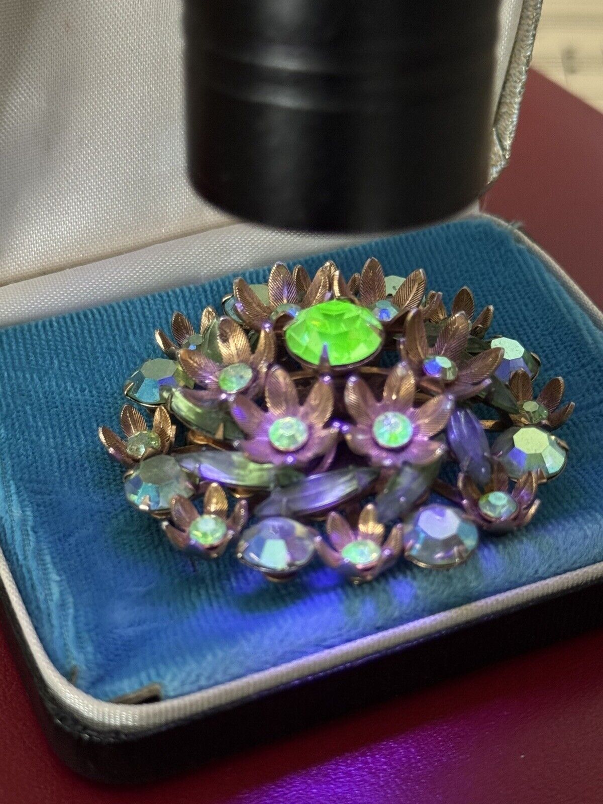Vintage Brooch Green Rhinestone Goldtone Uranium Glass Accent Stones
