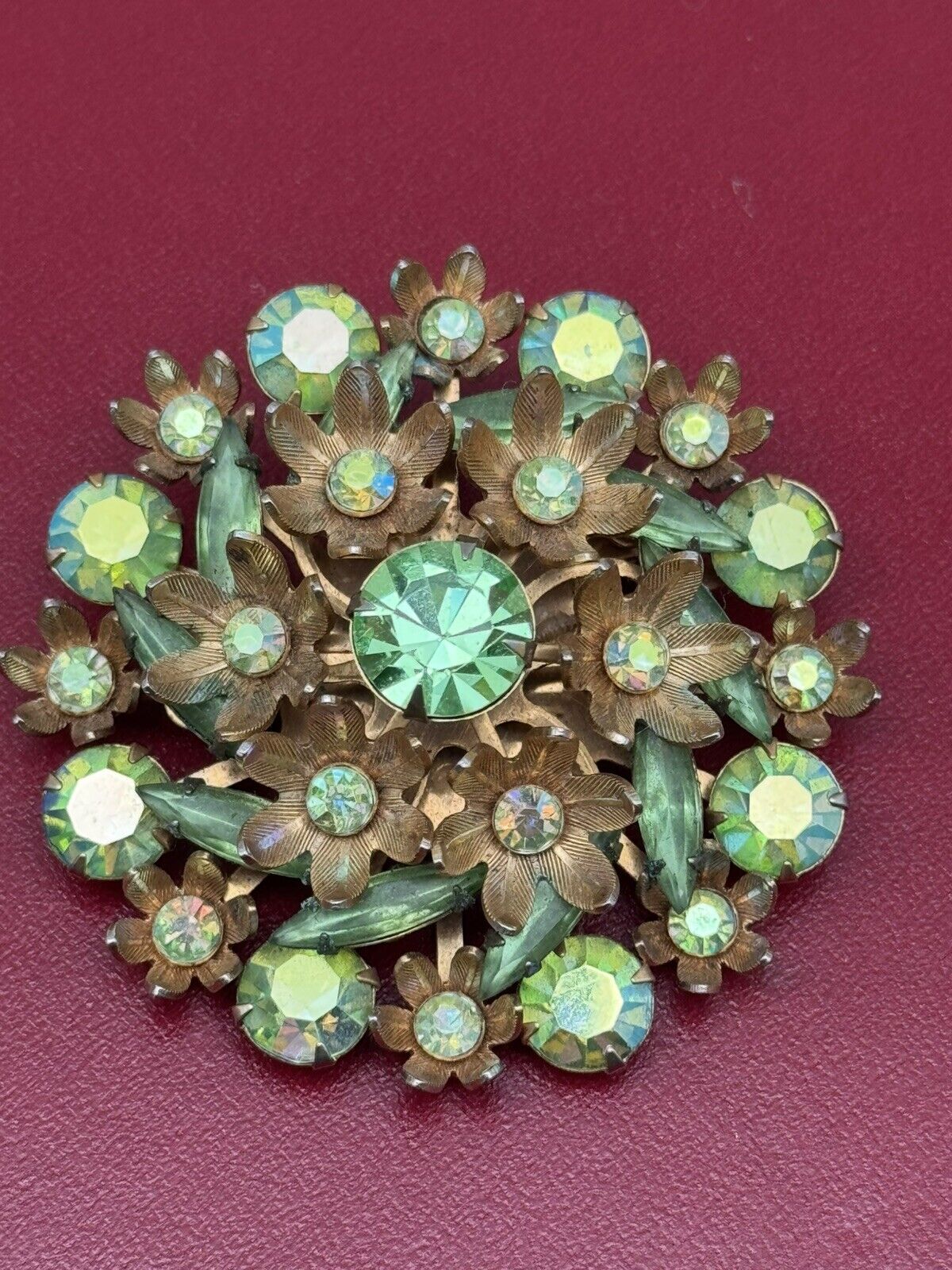 Vintage Brooch Green Rhinestone Goldtone Uranium Glass Accent Stones