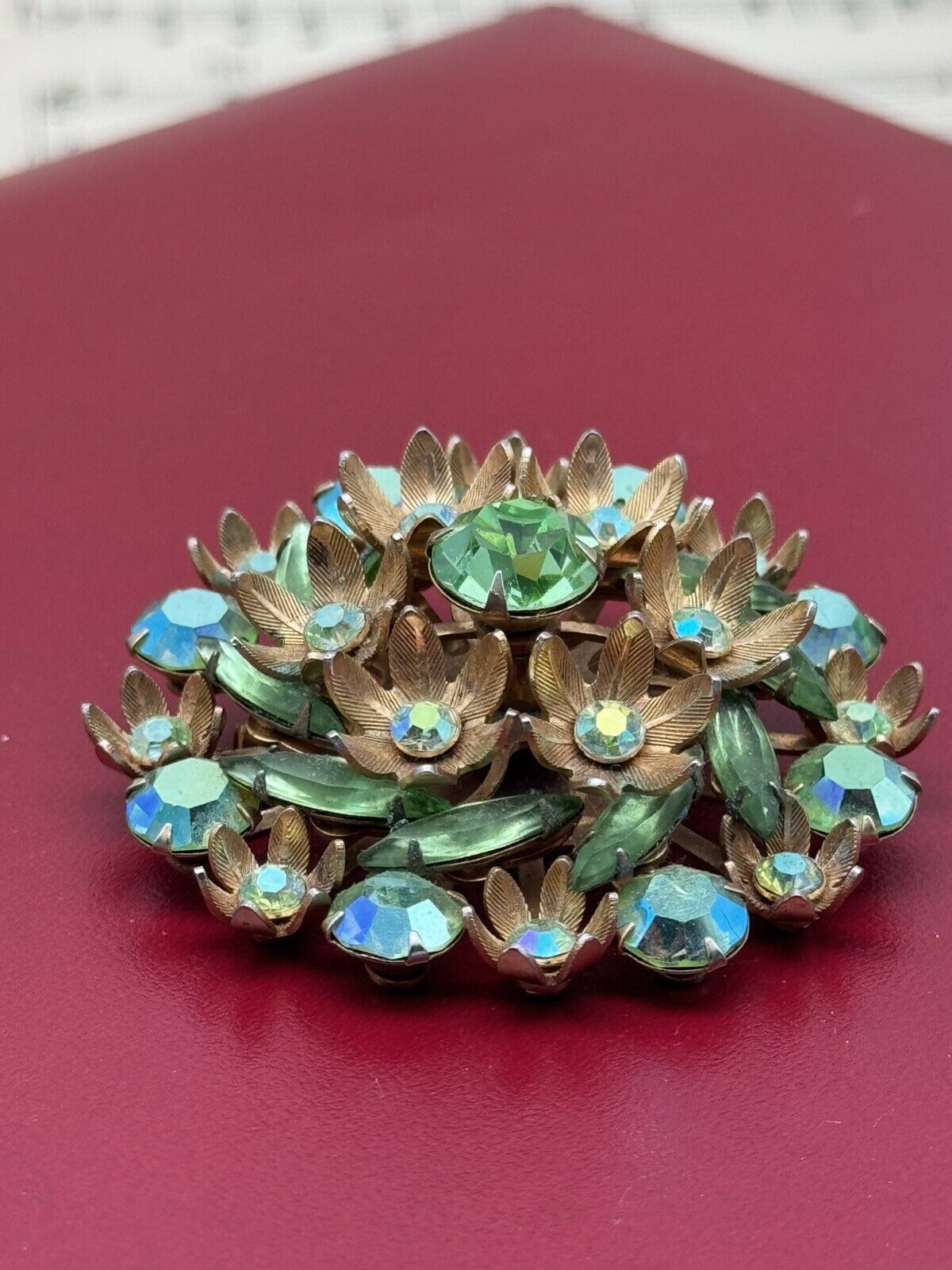 Vintage Brooch Green Rhinestone Goldtone Uranium Glass Accent Stones