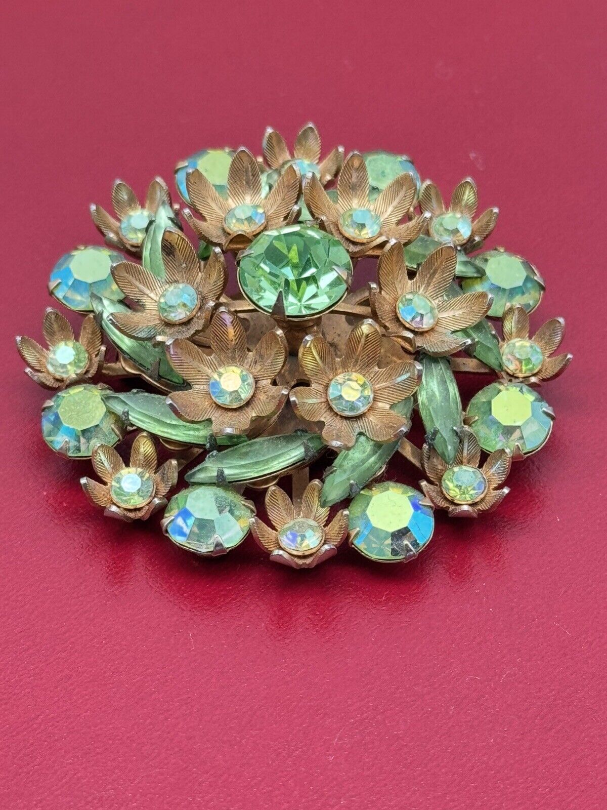 Vintage Brooch Green Rhinestone Goldtone Uranium Glass Accent Stones