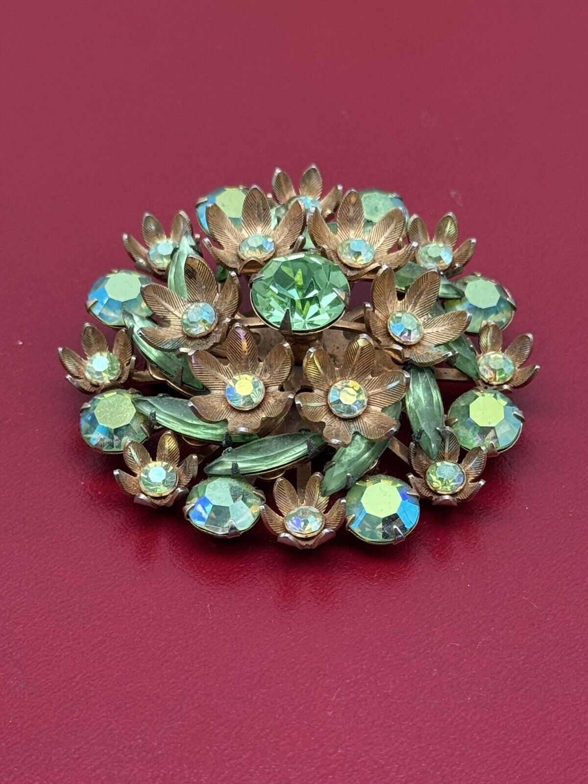 Vintage Brooch Green Rhinestone Goldtone Uranium Glass Accent Stones