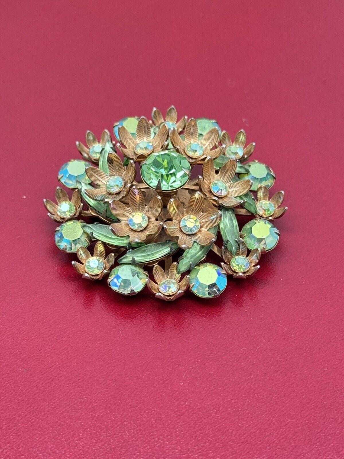 Vintage Brooch Green Rhinestone Goldtone Uranium Glass Accent Stones
