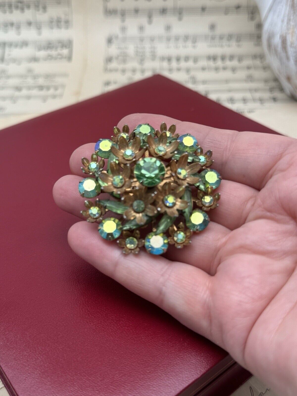 Vintage Brooch Green Rhinestone Goldtone Uranium Glass Accent Stones