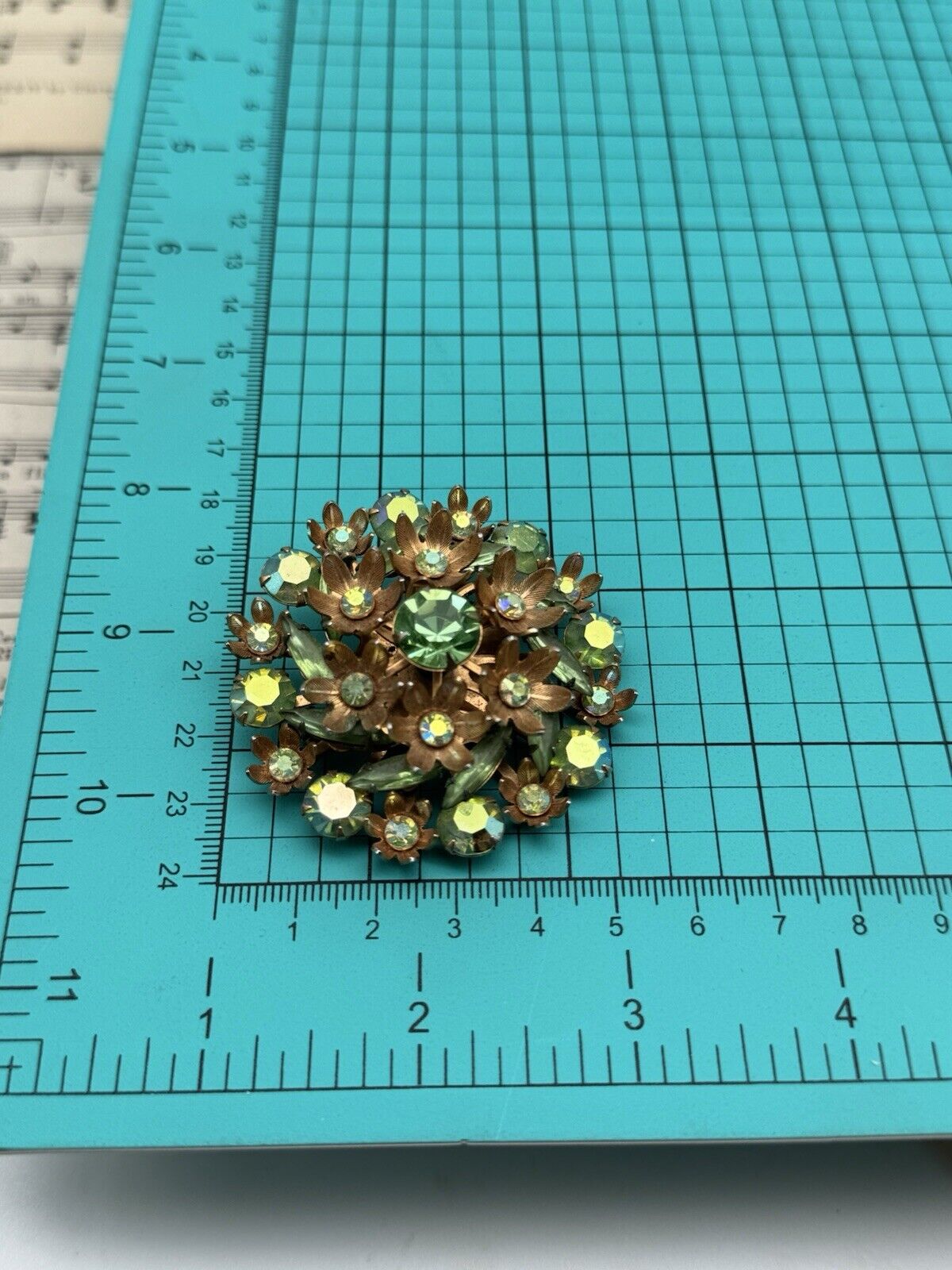 Vintage Brooch Green Rhinestone Goldtone Uranium Glass Accent Stones