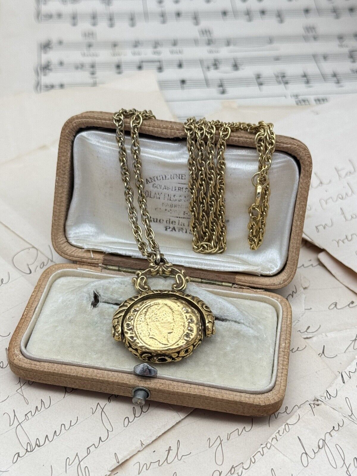 Vintage Antique Style Fob Pendant Necklace Circa 24” “Goldette”