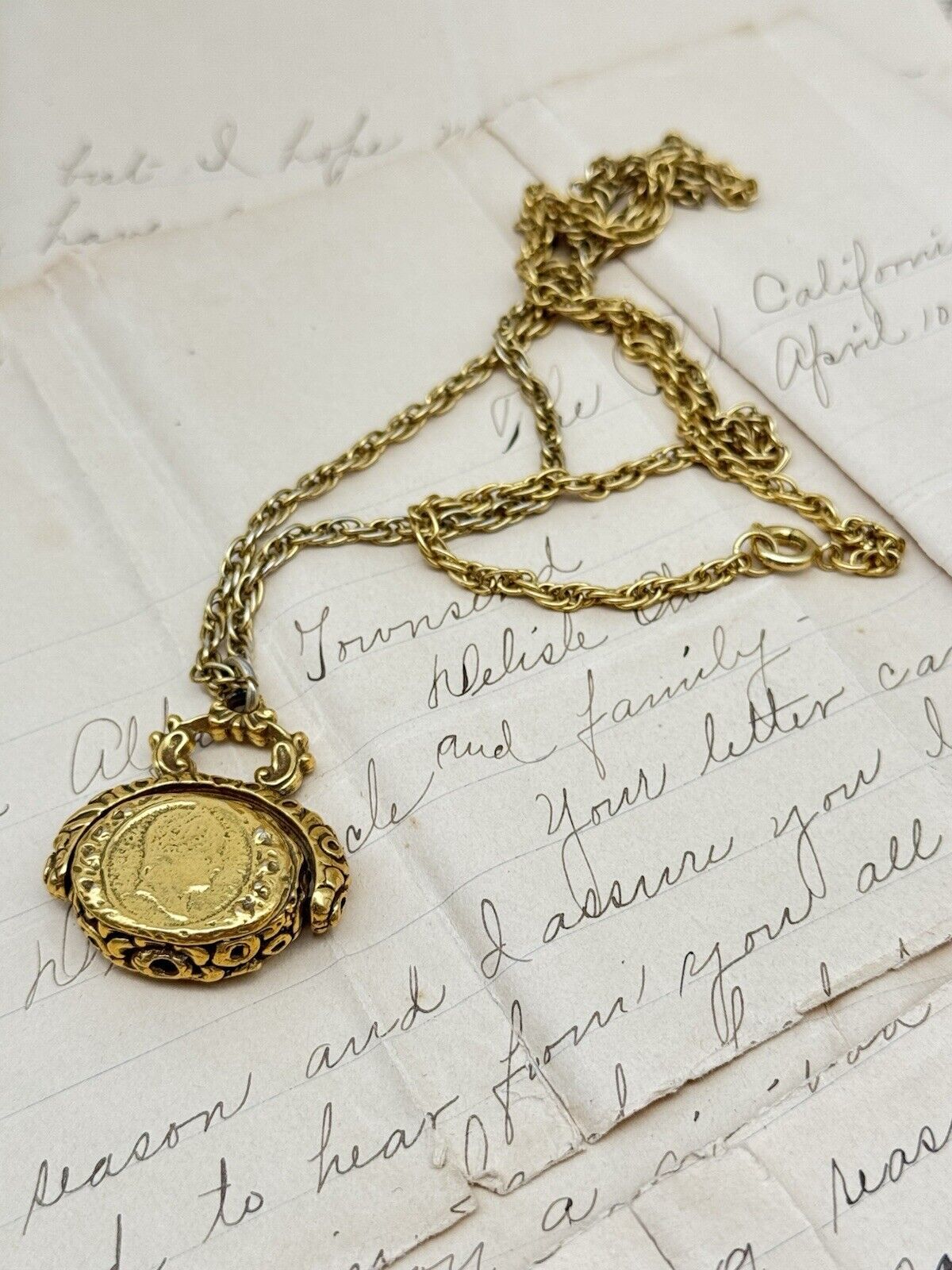 Vintage Antique Style Fob Pendant Necklace Circa 24” “Goldette”