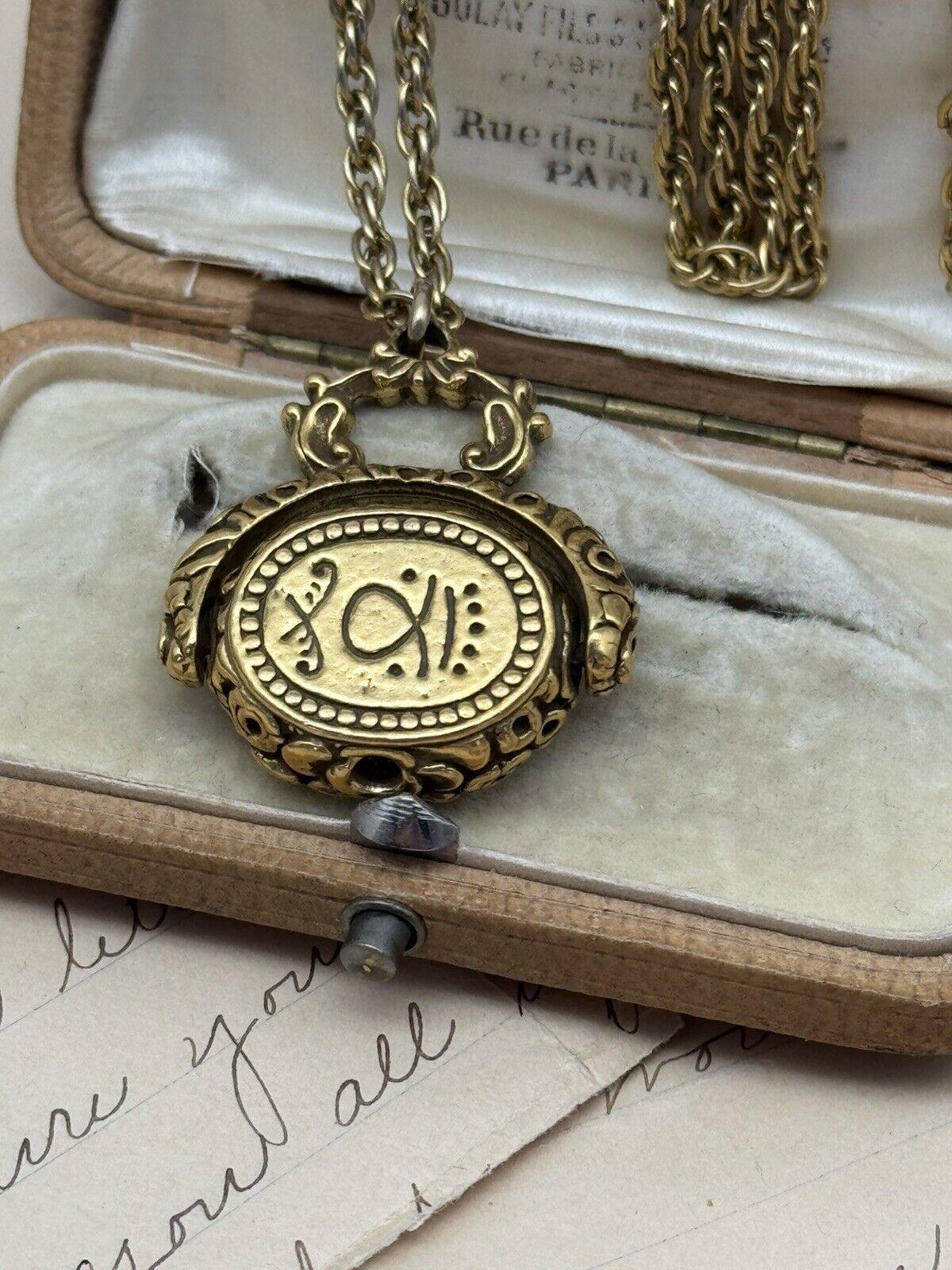 Vintage Antique Style Fob Pendant Necklace Circa 24” “Goldette”