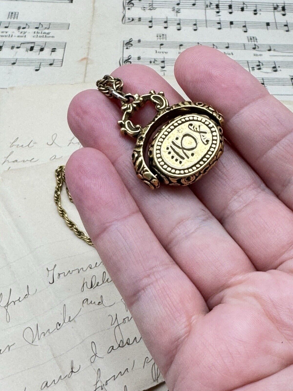Vintage Antique Style Fob Pendant Necklace Circa 24” “Goldette”