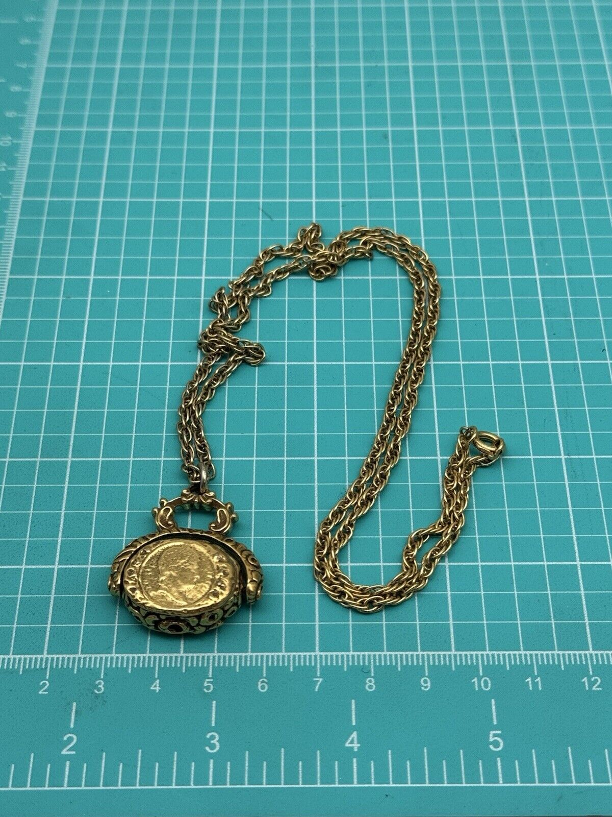Vintage Antique Style Fob Pendant Necklace Circa 24” “Goldette”