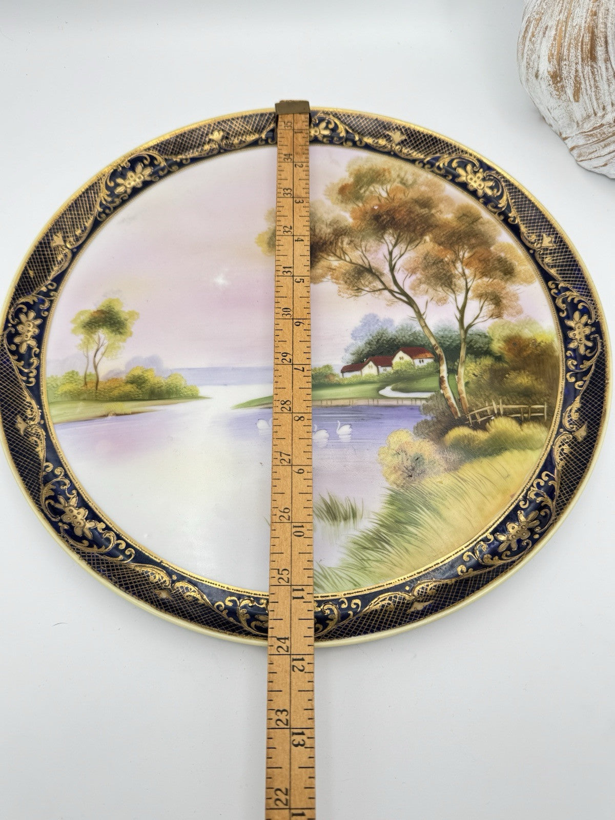 Noritake 12” Round Platter Hand Painted Green Scenic Swans M Backstamp 1920-40