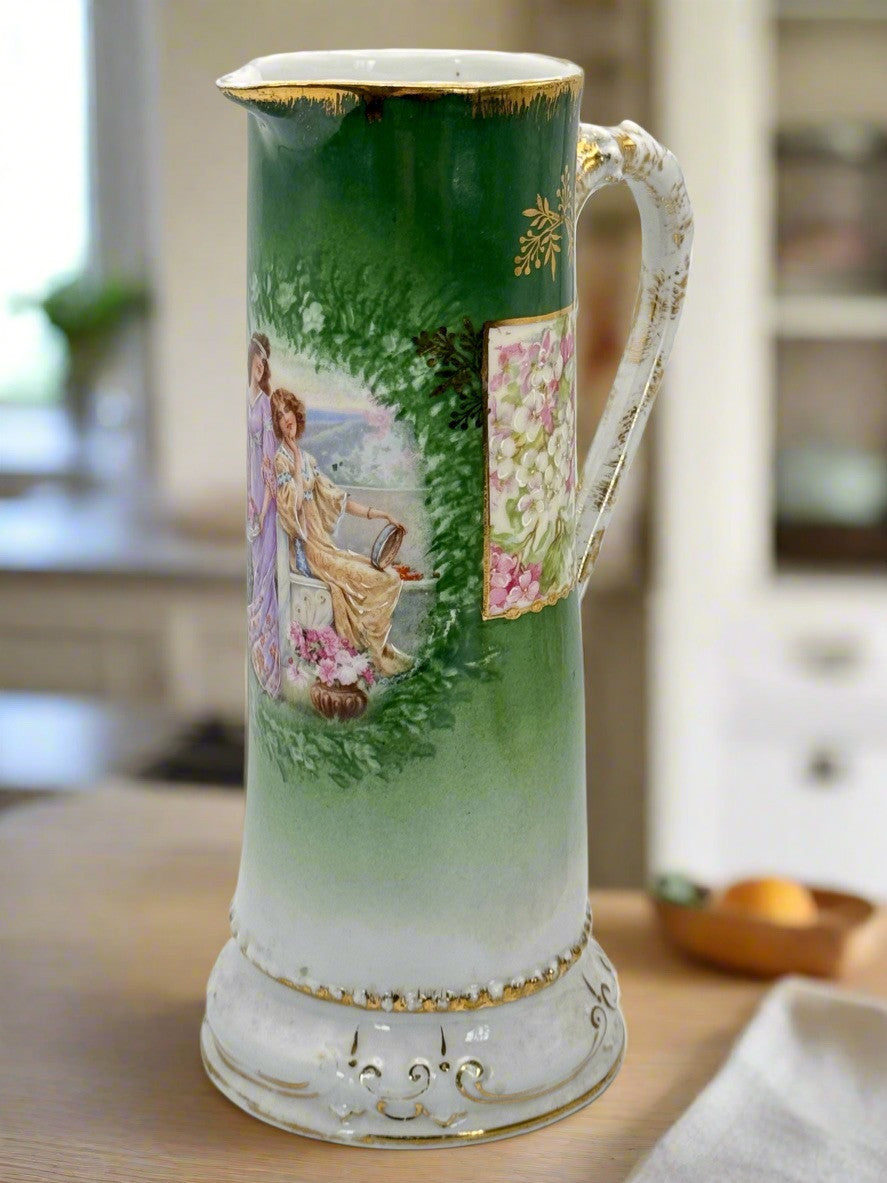 Antique Porcelain Pitcher Bavaria Green Gold Hand Painted Ca.9”h