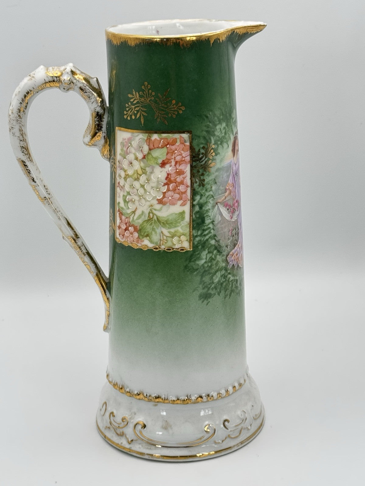 Antique Porcelain Pitcher Bavaria Green Gold Hand Painted Ca.9”h