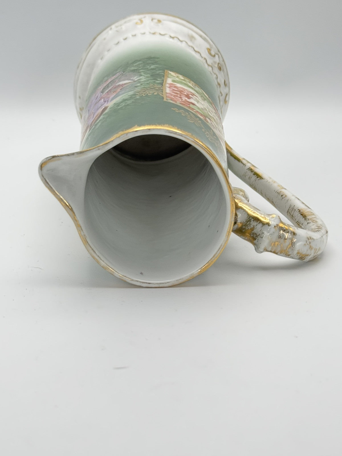 Antique Porcelain Pitcher Bavaria Green Gold Hand Painted Ca.9”h