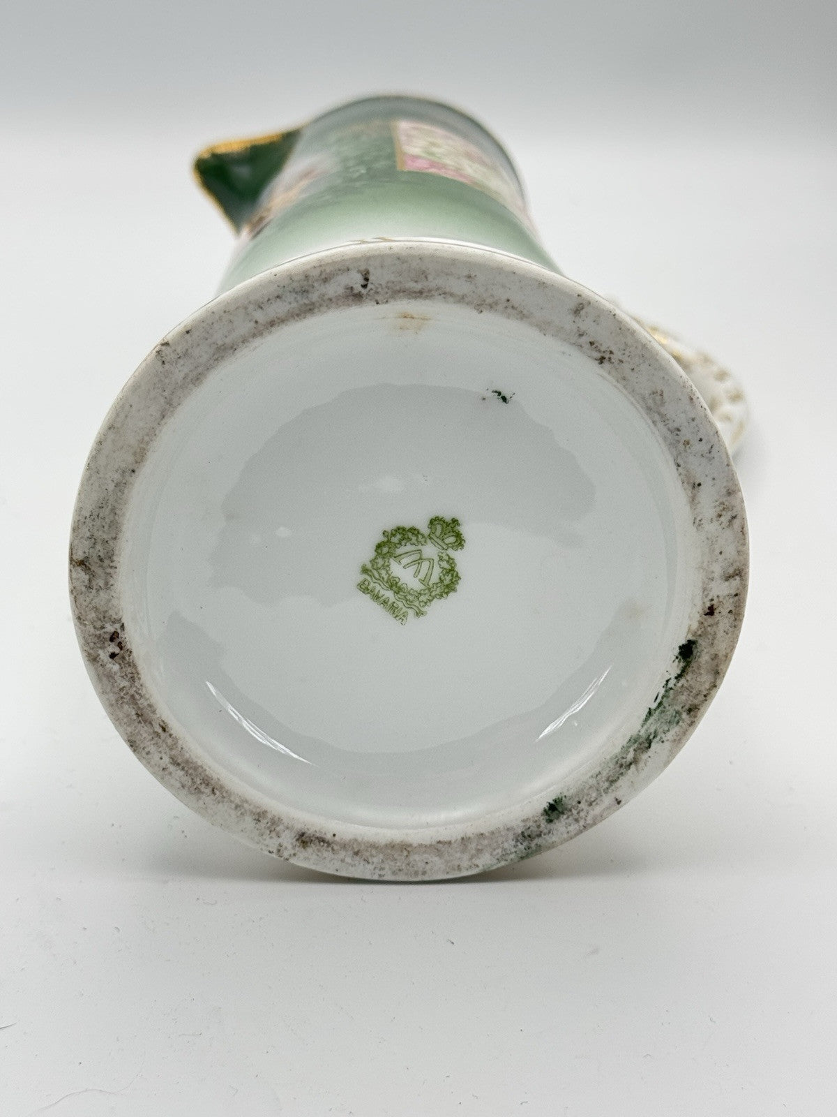 Antique Porcelain Pitcher Bavaria Green Gold Hand Painted Ca.9”h