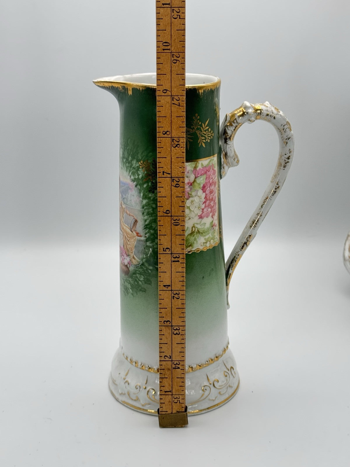 Antique Porcelain Pitcher Bavaria Green Gold Hand Painted Ca.9”h