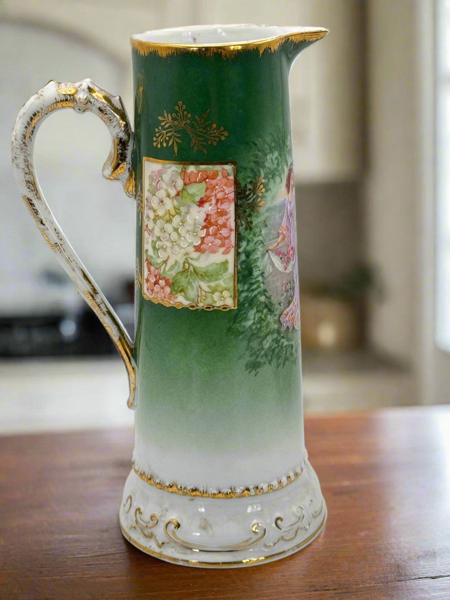 Antique Porcelain Pitcher Bavaria Green Gold Hand Painted Ca.9”h