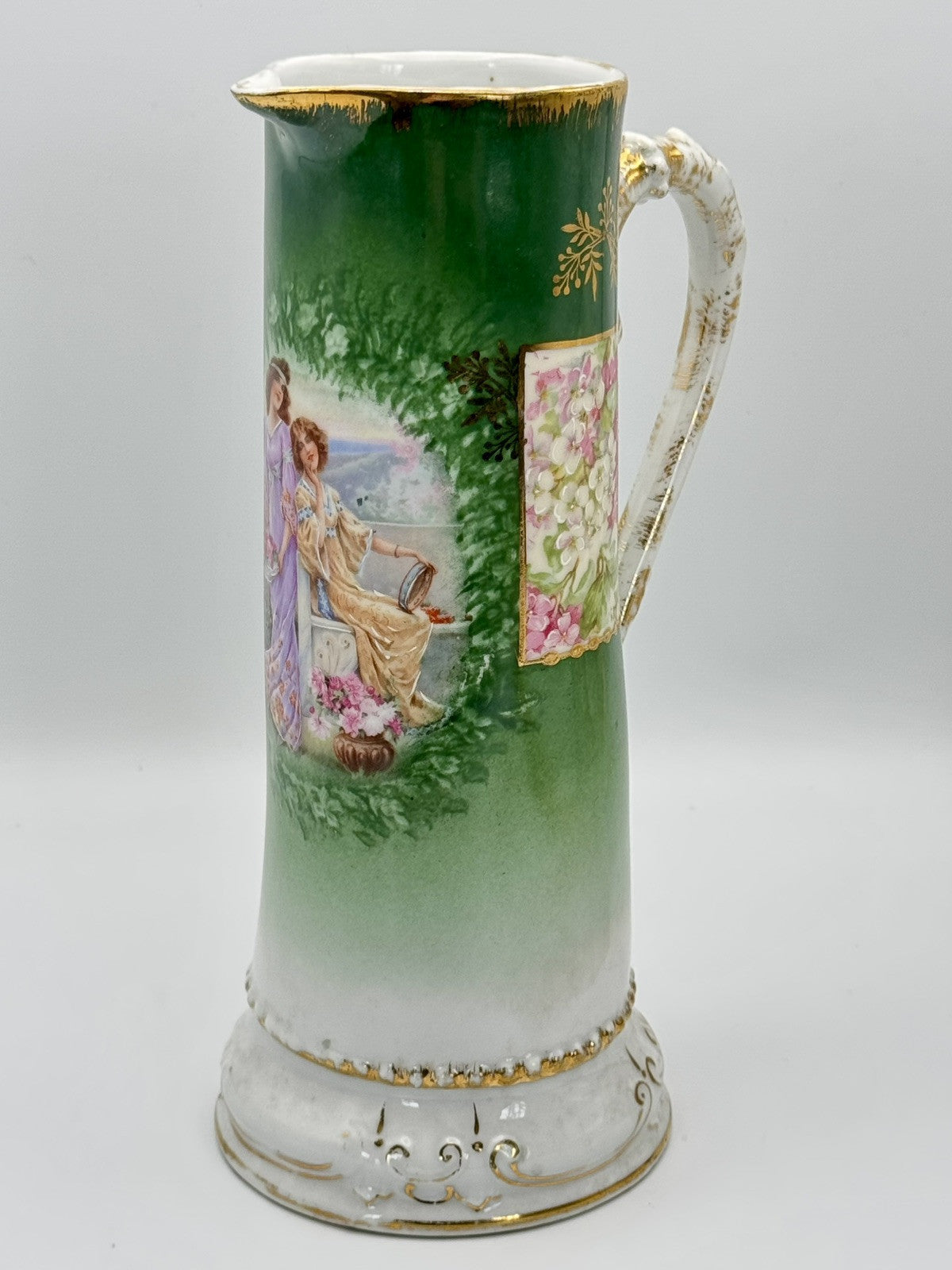 Antique Porcelain Pitcher Bavaria Green Gold Hand Painted Ca.9”h
