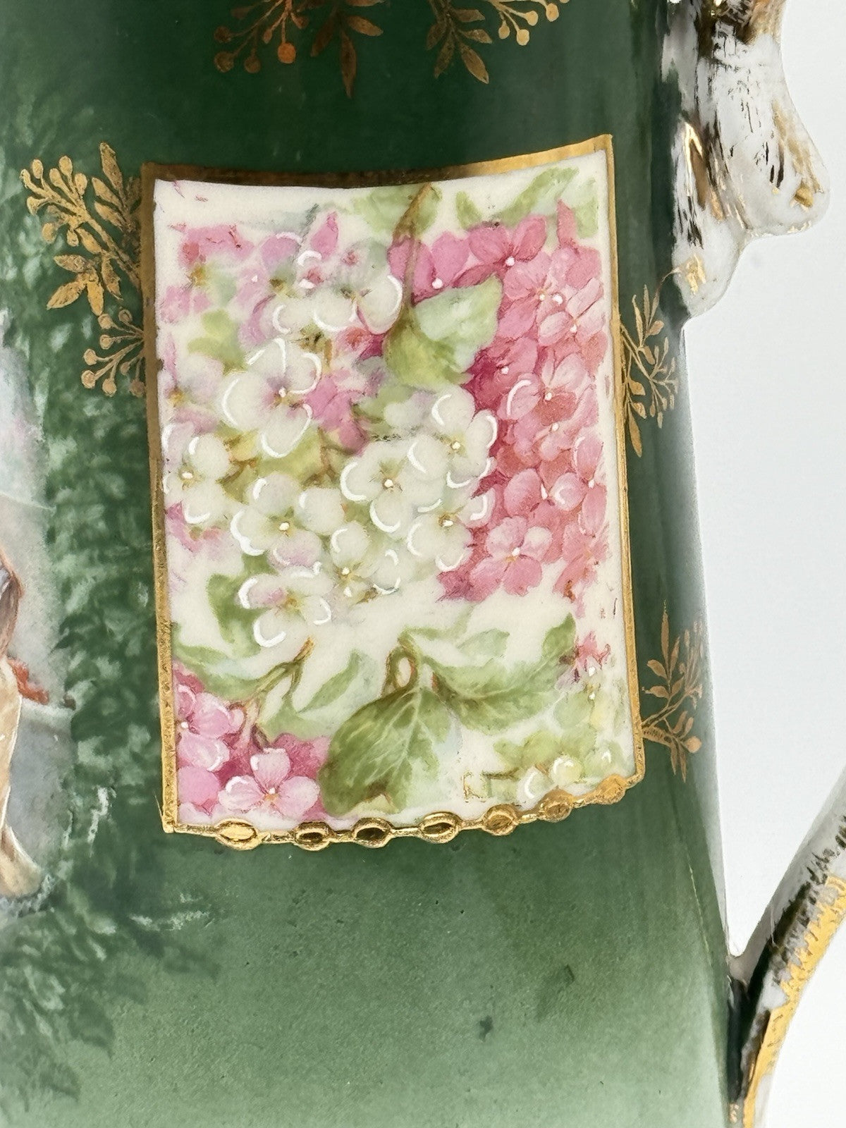 Antique Porcelain Pitcher Bavaria Green Gold Hand Painted Ca.9”h