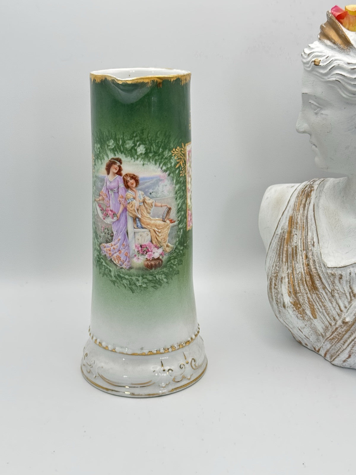 Antique Porcelain Pitcher Bavaria Green Gold Hand Painted Ca.9”h