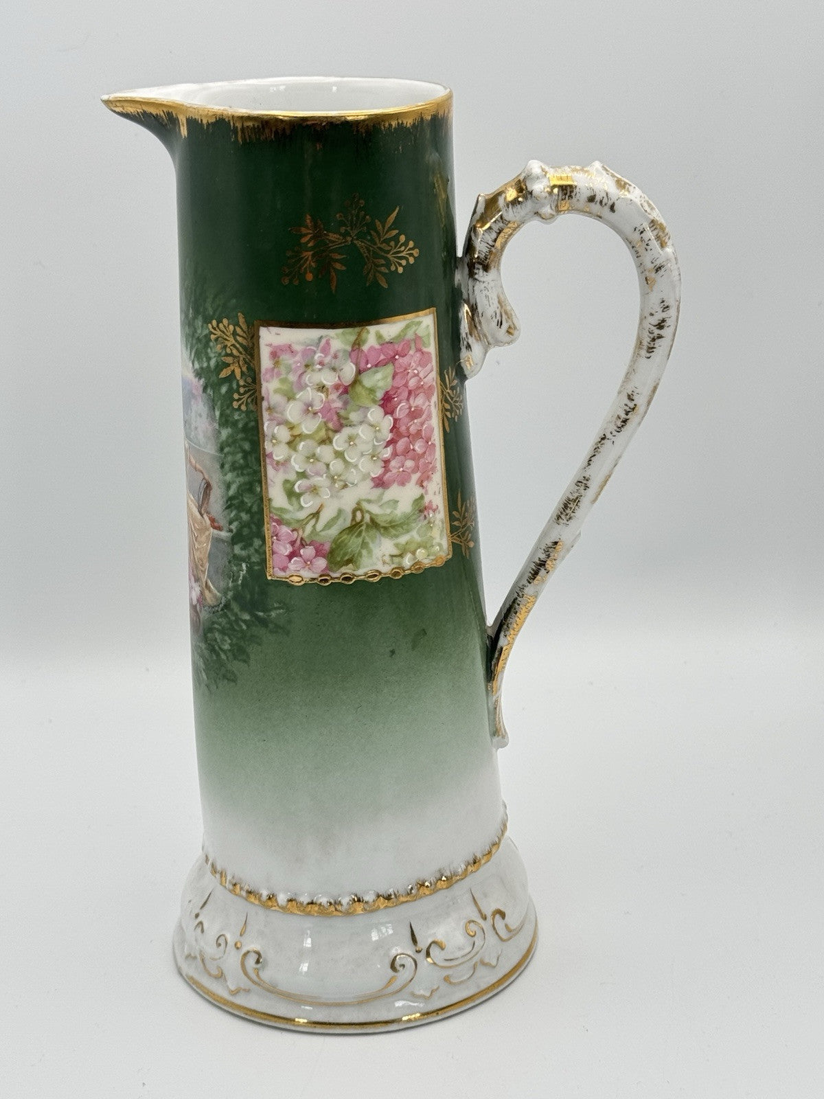 Antique Porcelain Pitcher Bavaria Green Gold Hand Painted Ca.9”h