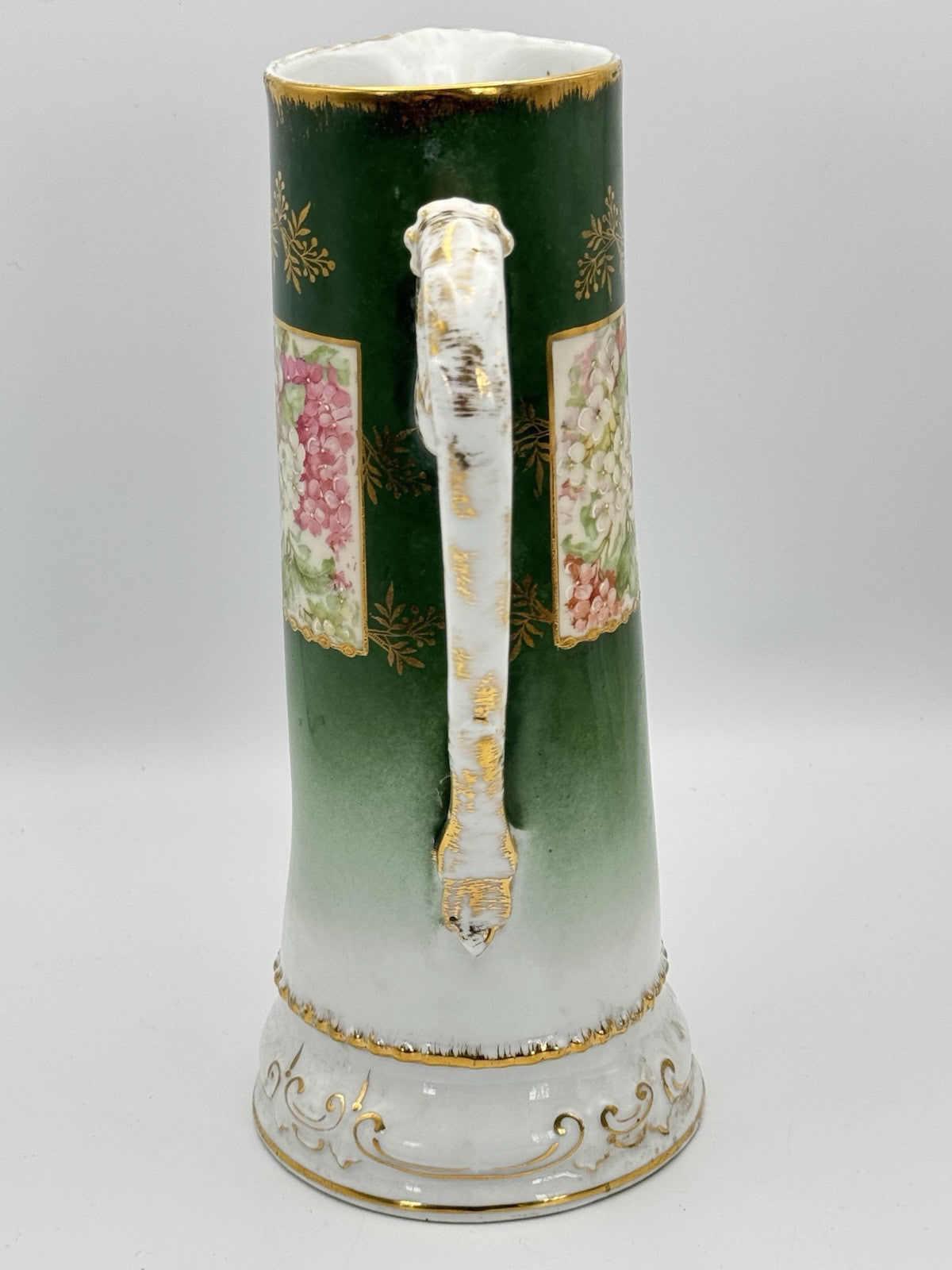 Antique Porcelain Pitcher Bavaria Green Gold Hand Painted Ca.9”h