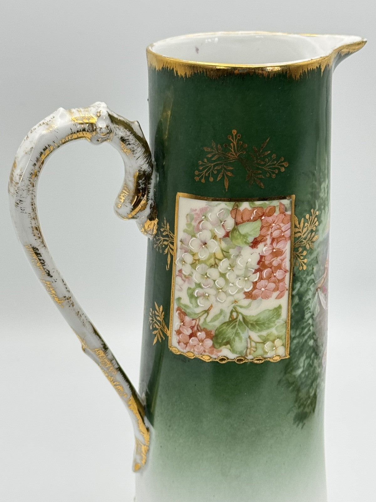 Antique Porcelain Pitcher Bavaria Green Gold Hand Painted Ca.9”h
