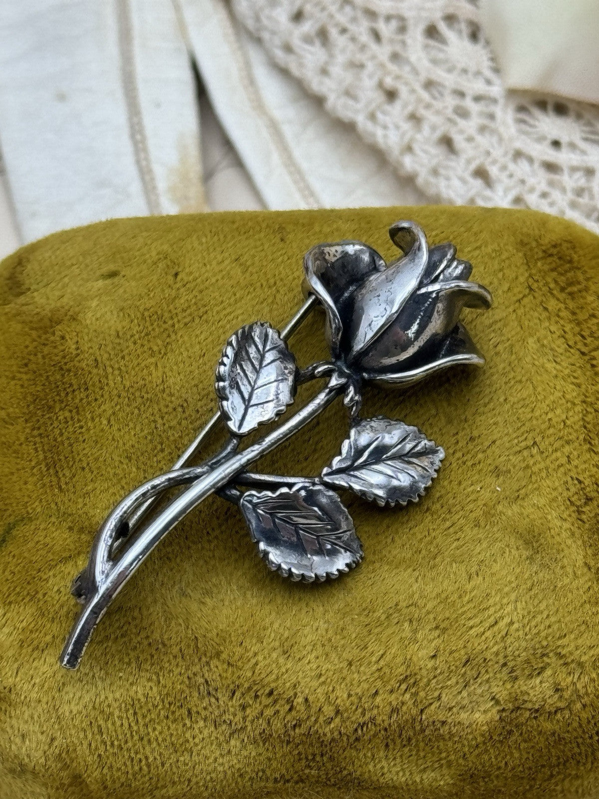Sarah Coventry Rose Pin STERLING 2” L ESTATE FIND
