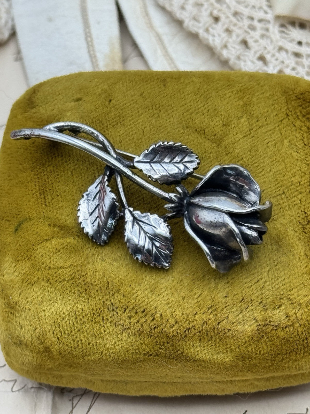Sarah Coventry Rose Pin STERLING 2” L ESTATE FIND