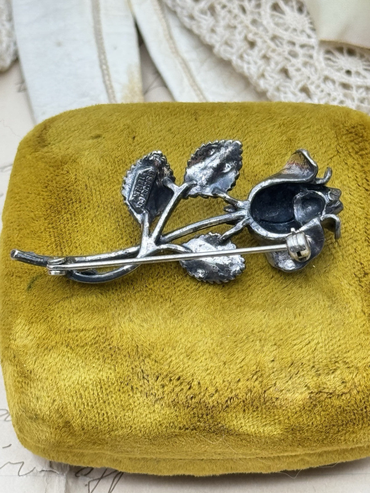 Sarah Coventry Rose Pin STERLING 2” L ESTATE FIND