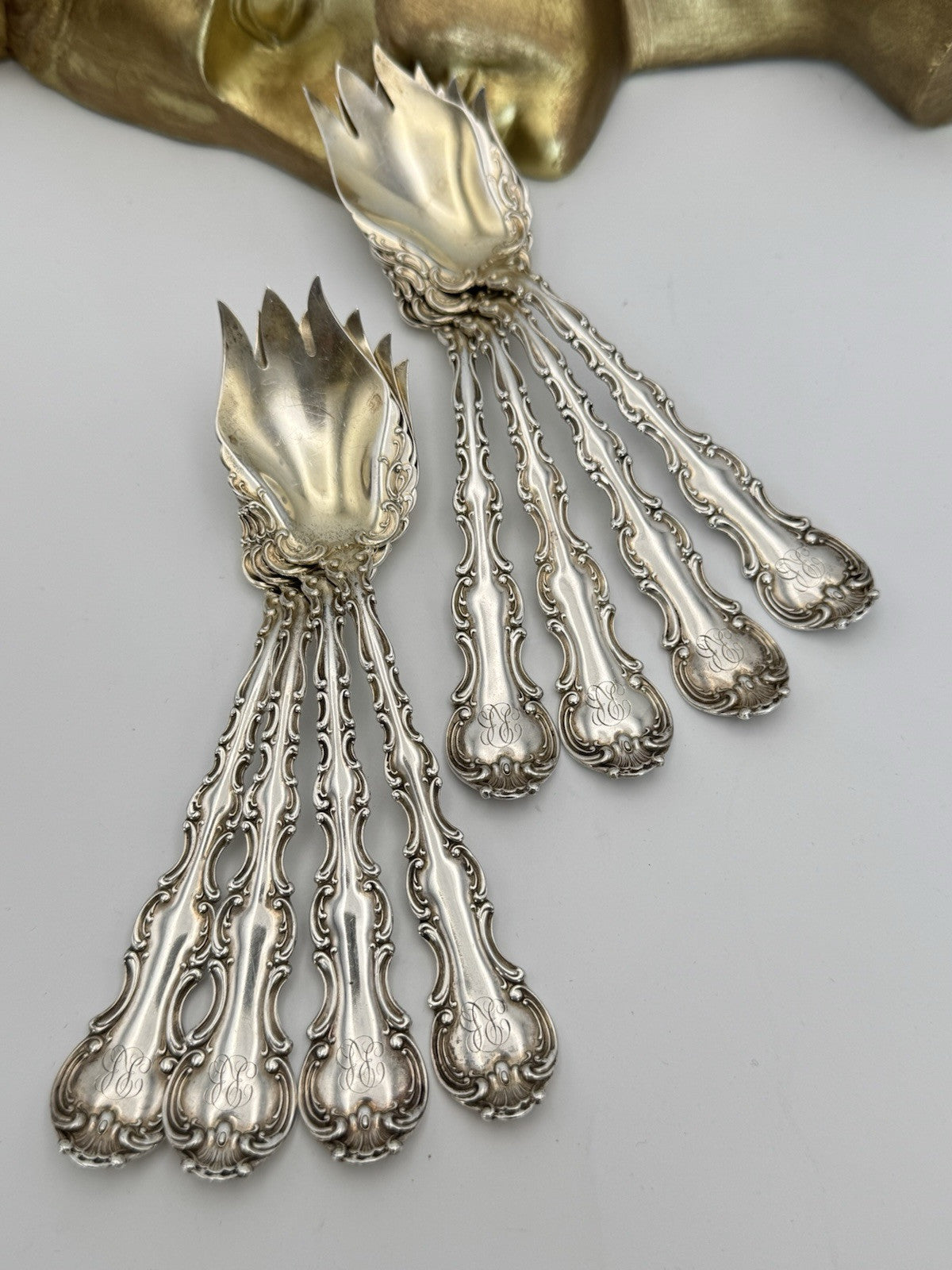 8 Strasbourg Sterling Lion Anchor Ice Cream Fork Pat. 1897 Monogram