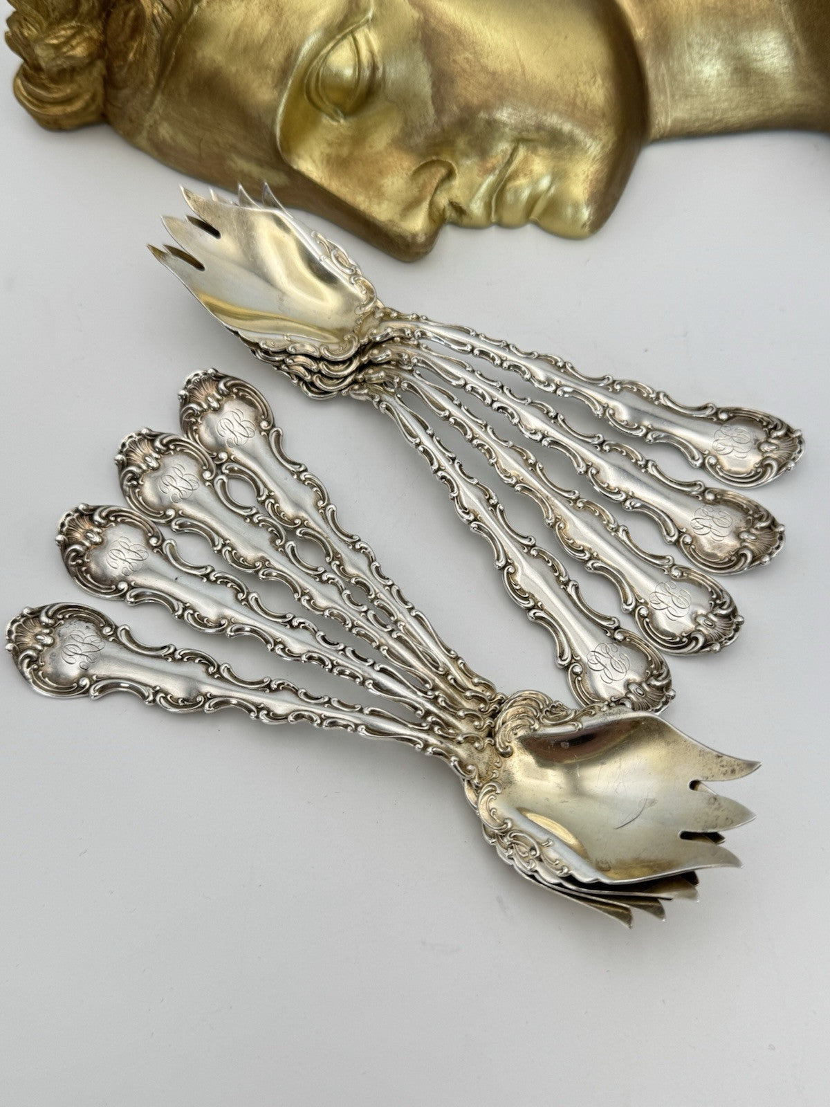 8 Strasbourg Sterling Lion Anchor Ice Cream Fork Pat. 1897 Monogram