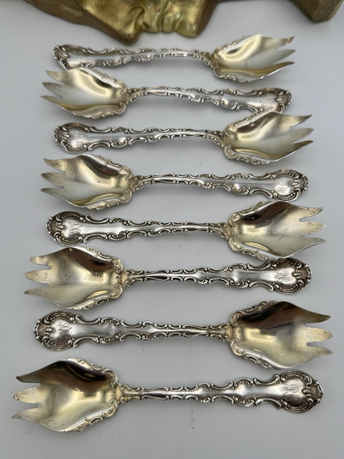 8 Strasbourg Sterling Lion Anchor Ice Cream Fork Pat. 1897 Monogram