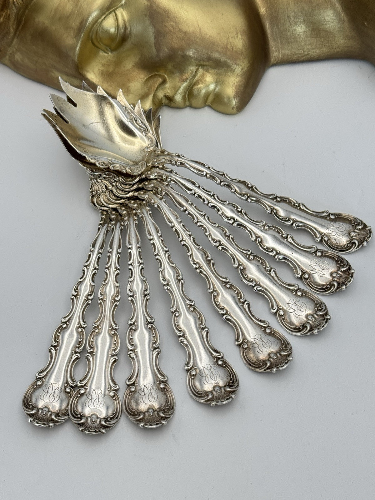 8 Strasbourg Sterling Lion Anchor Ice Cream Fork Pat. 1897 Monogram