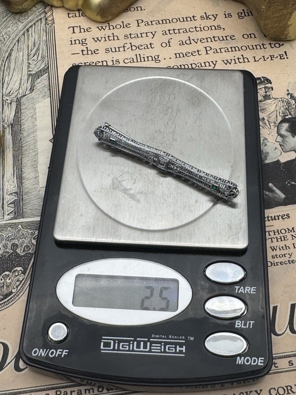 Antique 10k Gold Brooch Hallmarked Art Deco Filigree Diamond & Emerald