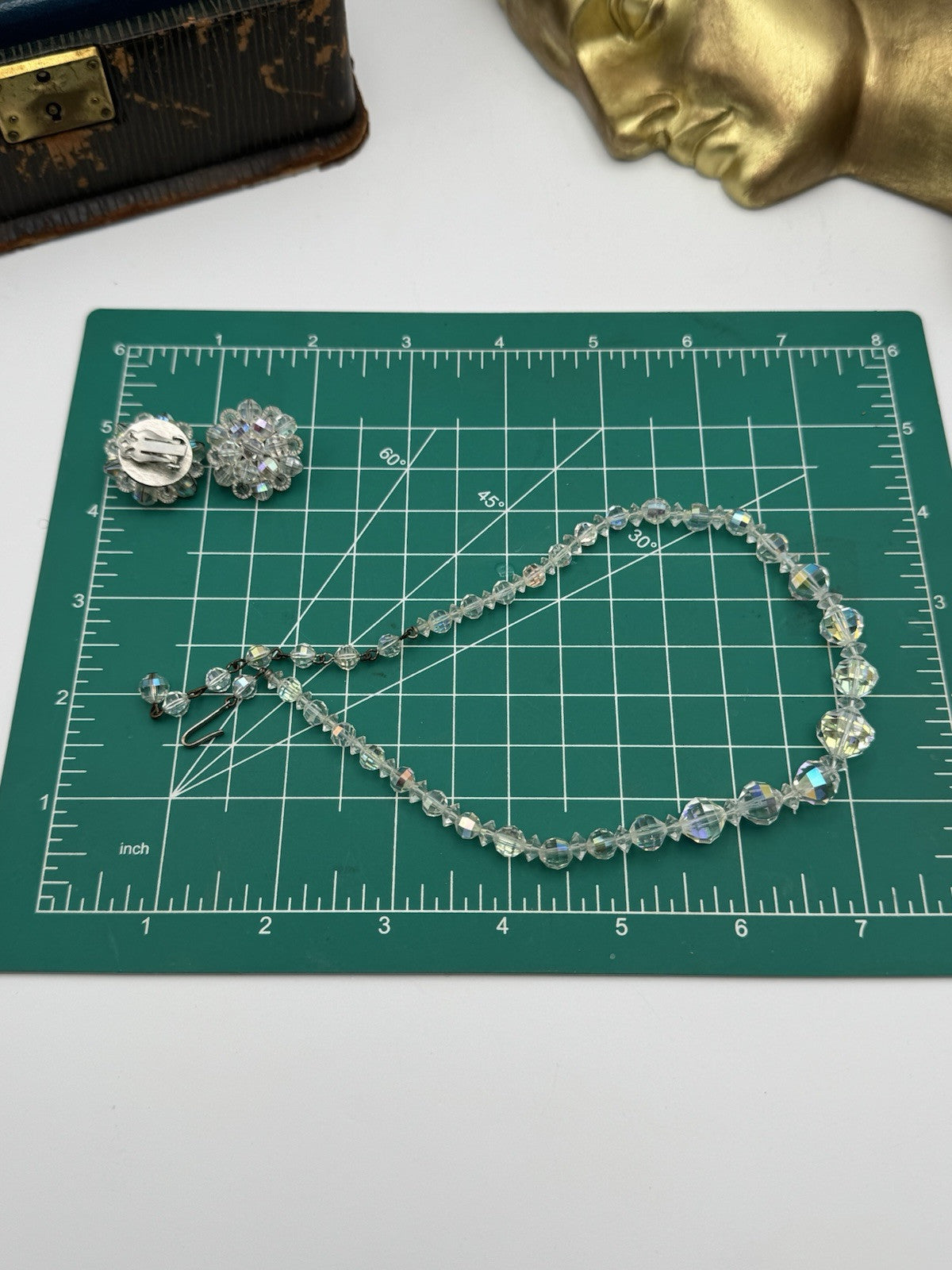 Vintage AB Single Strand Necklace 15”Jewelry Set Incl Earrings Clipon