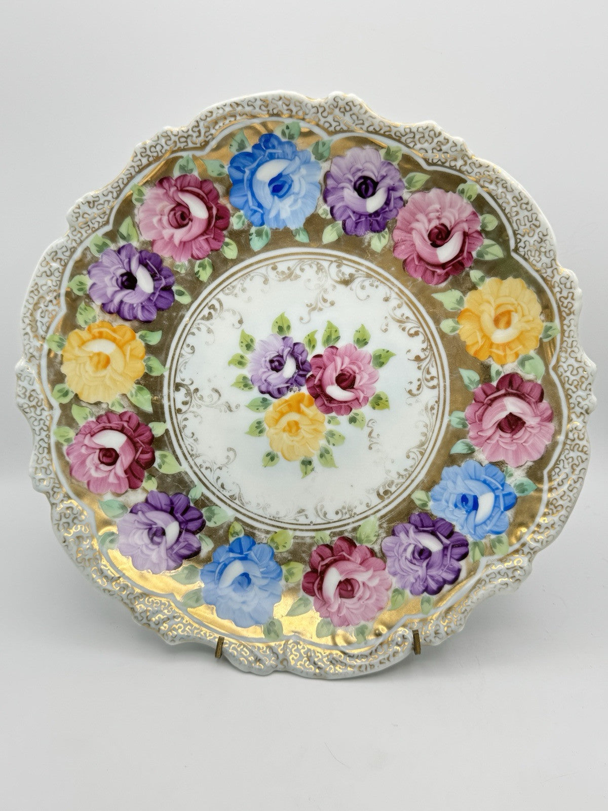 Large Vintage Floral Gold Porcelain Platter Ca. 12.25”d ESTATE FIND