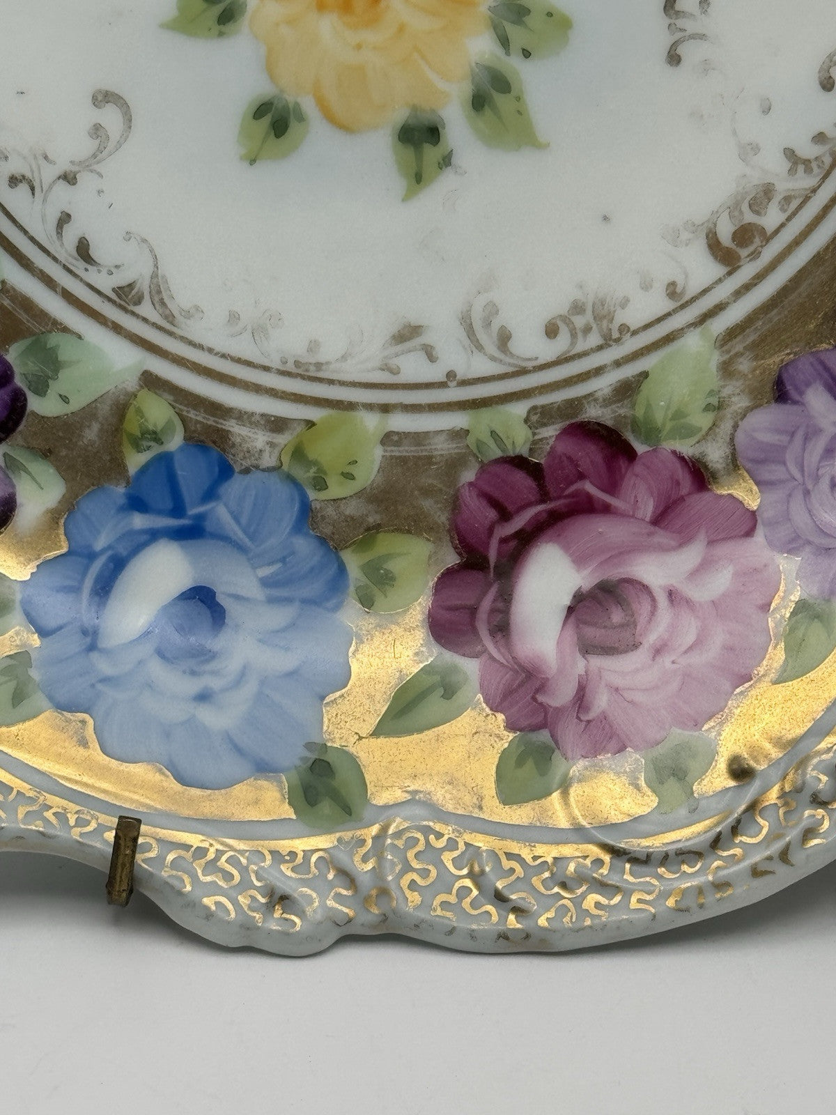 Large Vintage Floral Gold Porcelain Platter Ca. 12.25”d ESTATE FIND