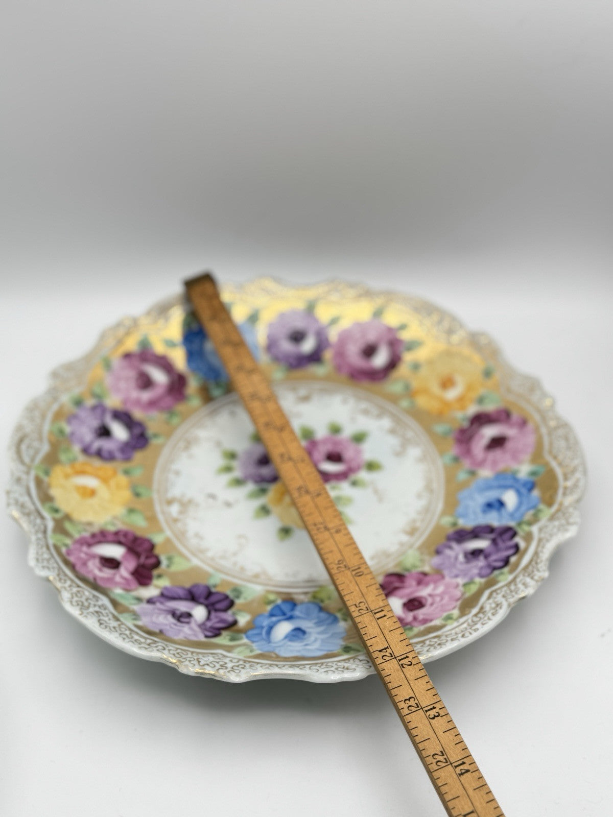 Large Vintage Floral Gold Porcelain Platter Ca. 12.25”d ESTATE FIND