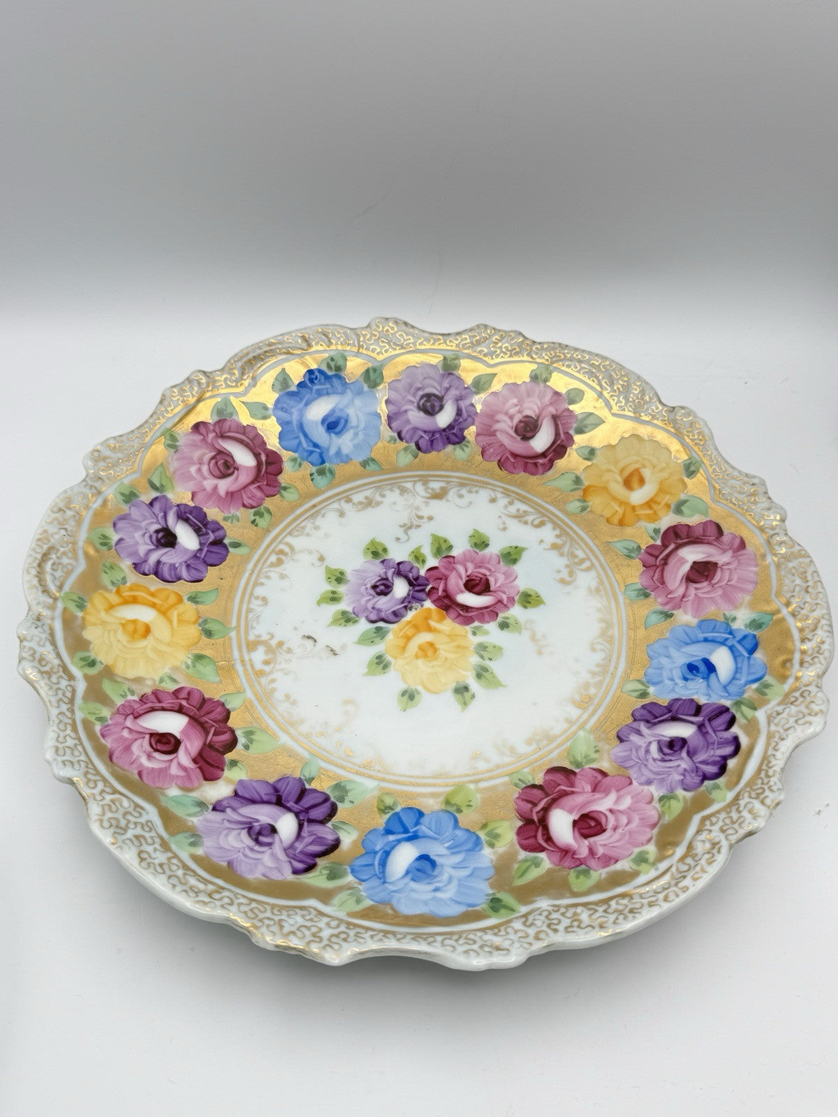 Large Vintage Floral Gold Porcelain Platter Ca. 12.25”d ESTATE FIND