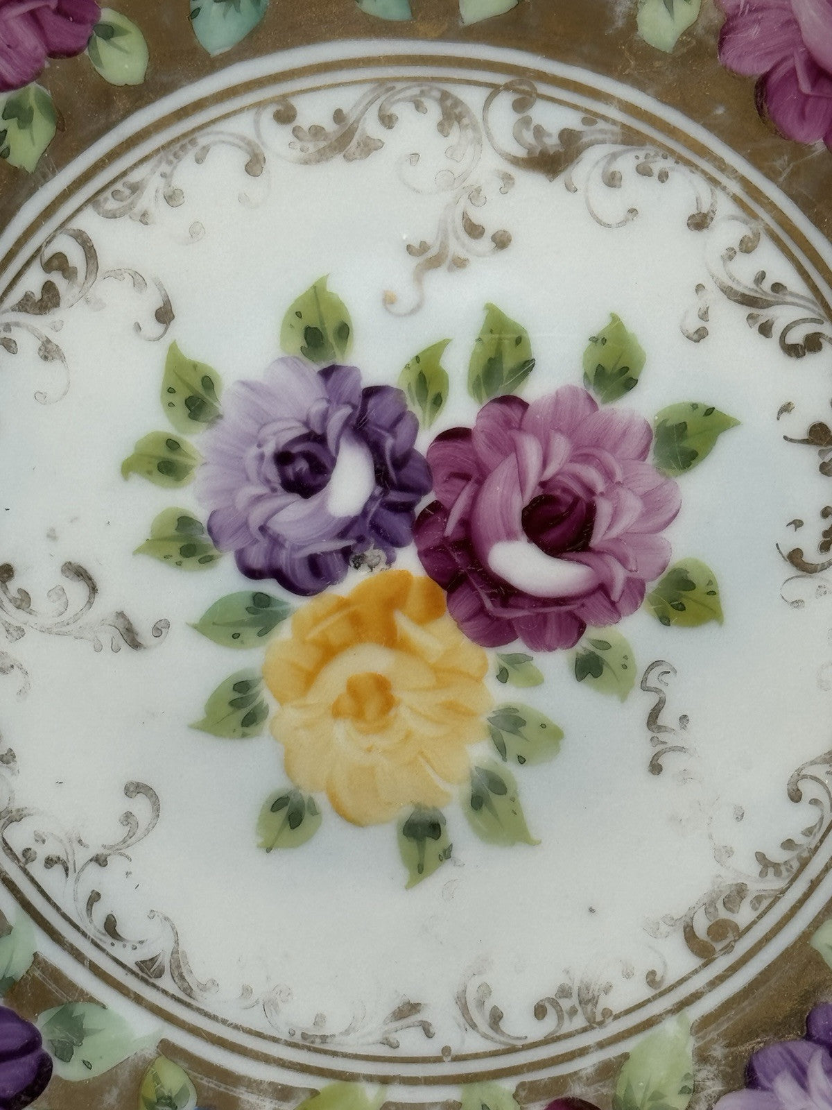 Large Vintage Floral Gold Porcelain Platter Ca. 12.25”d ESTATE FIND