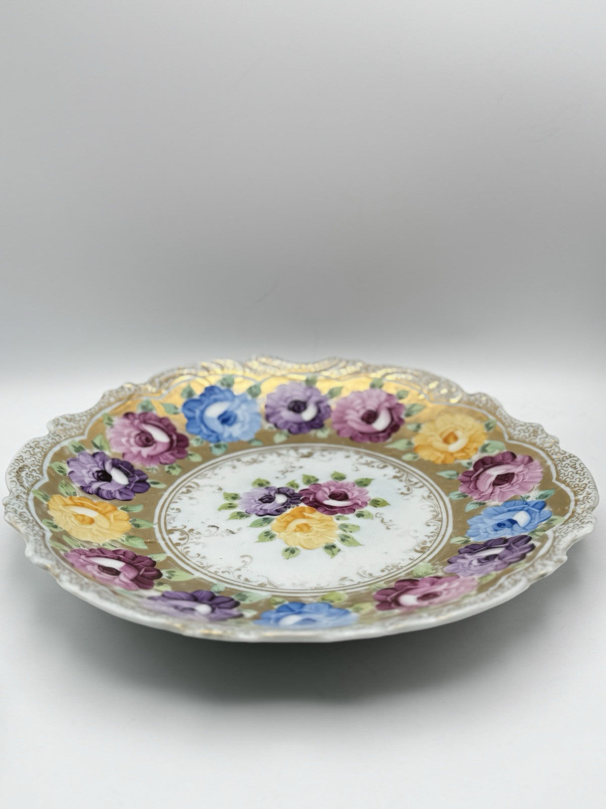 Large Vintage Floral Gold Porcelain Platter Ca. 12.25”d ESTATE FIND