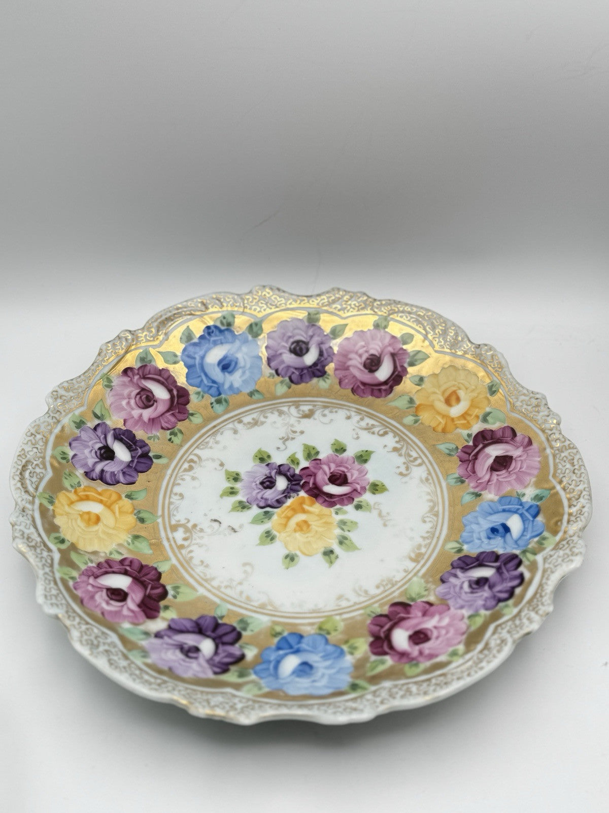Large Vintage Floral Gold Porcelain Platter Ca. 12.25”d ESTATE FIND