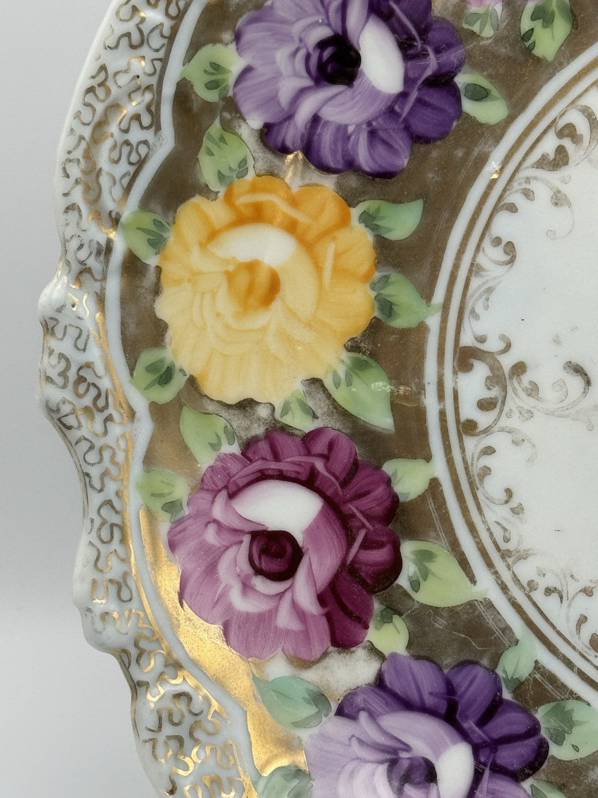 Large Vintage Floral Gold Porcelain Platter Ca. 12.25”d ESTATE FIND