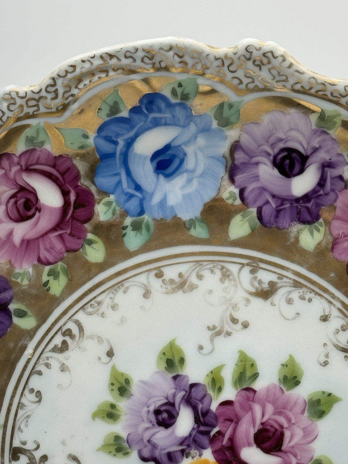 Large Vintage Floral Gold Porcelain Platter Ca. 12.25”d ESTATE FIND